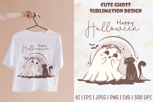 Whimsical Halloween Charm: A Ghost & Cat Vector Tale